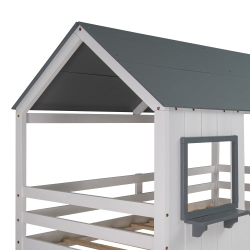 Twin Over Twin Bunk Bed with Roof, White Gray