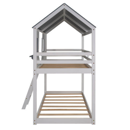 Twin Over Twin Bunk Bed with Roof, White Gray