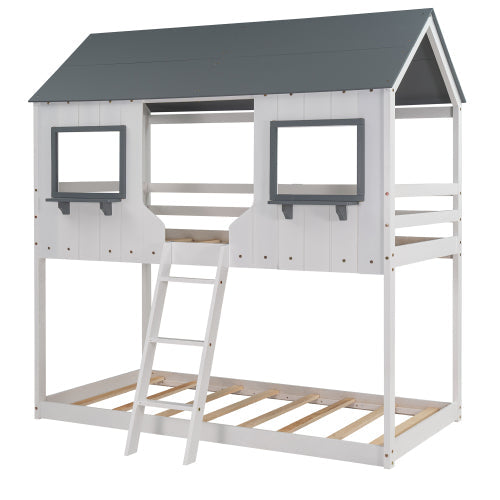 Twin Over Twin Bunk Bed with Roof, White Gray