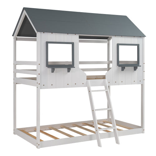 Twin Over Twin Bunk Bed with Roof, White Gray