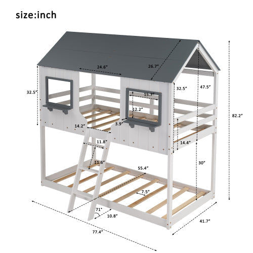 Twin Over Twin Bunk Bed with Roof, White Gray