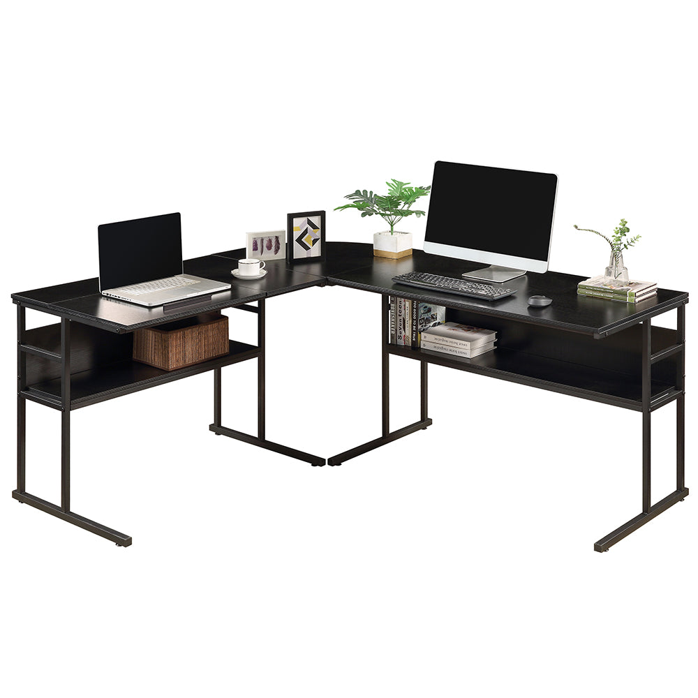 L-Shaped Office Desk with Bookshelves with Tiltable Desktop