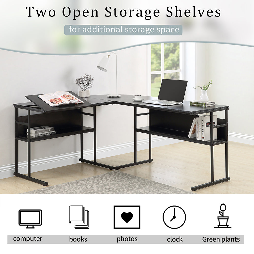 L-Shaped Office Desk with Bookshelves with Tiltable Desktop