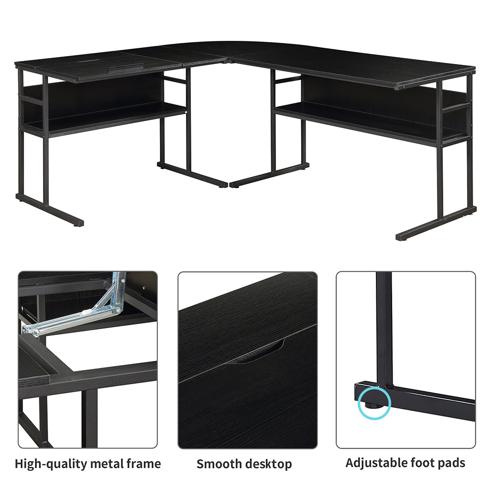 L-Shaped Office Desk with Bookshelves with Tiltable Desktop