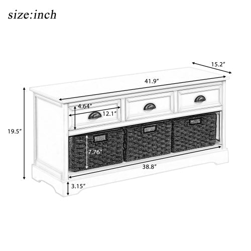 Wood Storage Bench with 3 Drawers and 3 Woven Baskets, Green