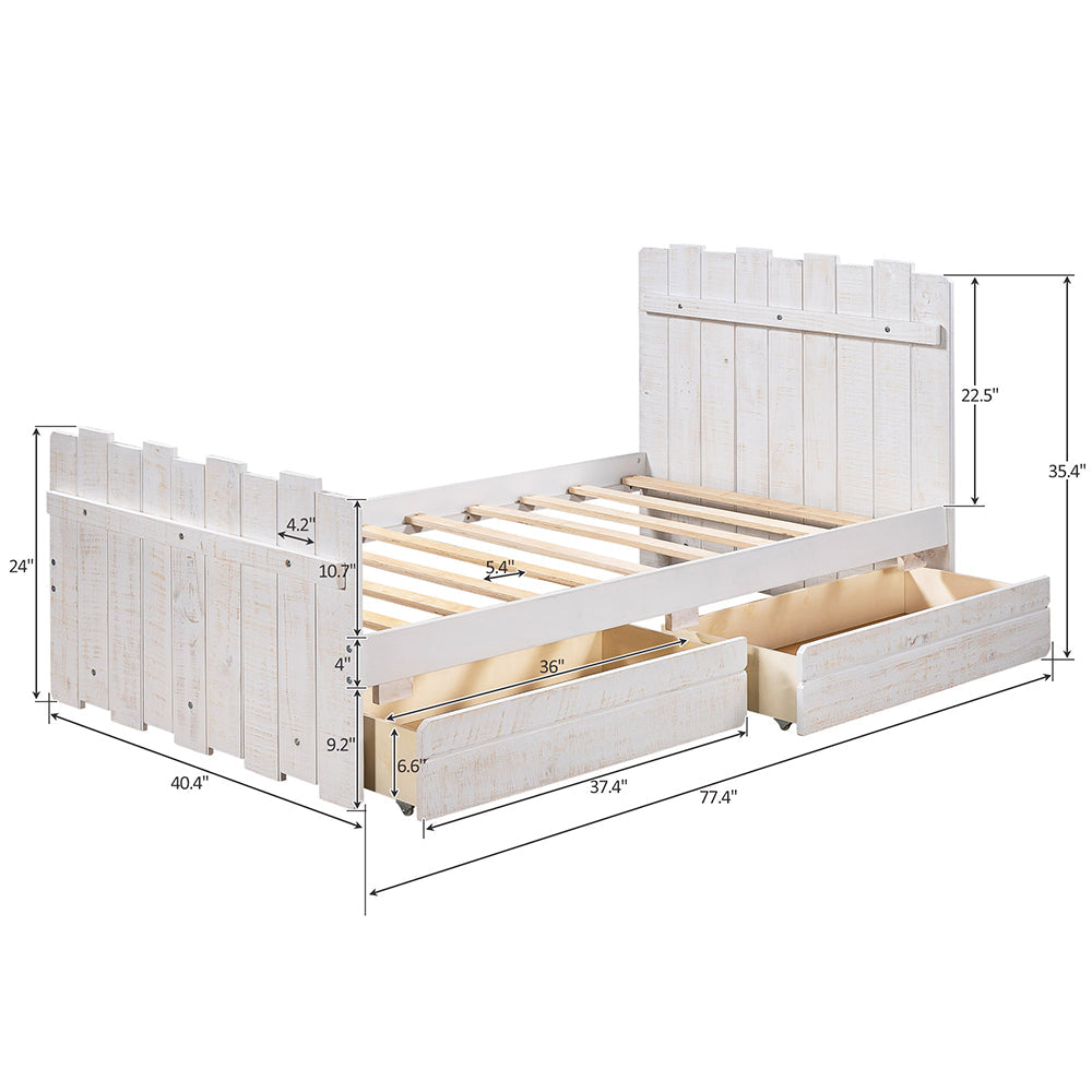 Twin Size Rustic Platform Bed with Drawers, White