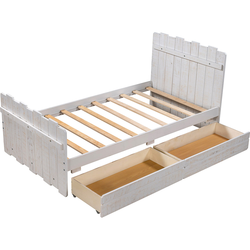 Twin Size Rustic Platform Bed with Drawers, White