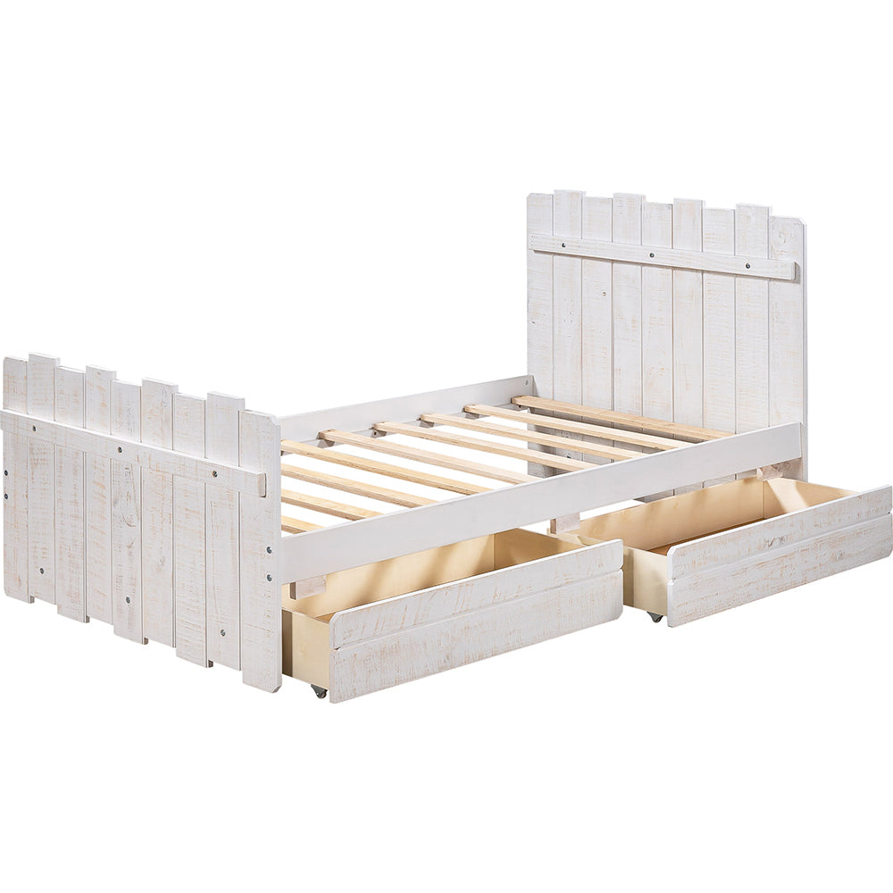 Twin Size Rustic Platform Bed with Drawers, White