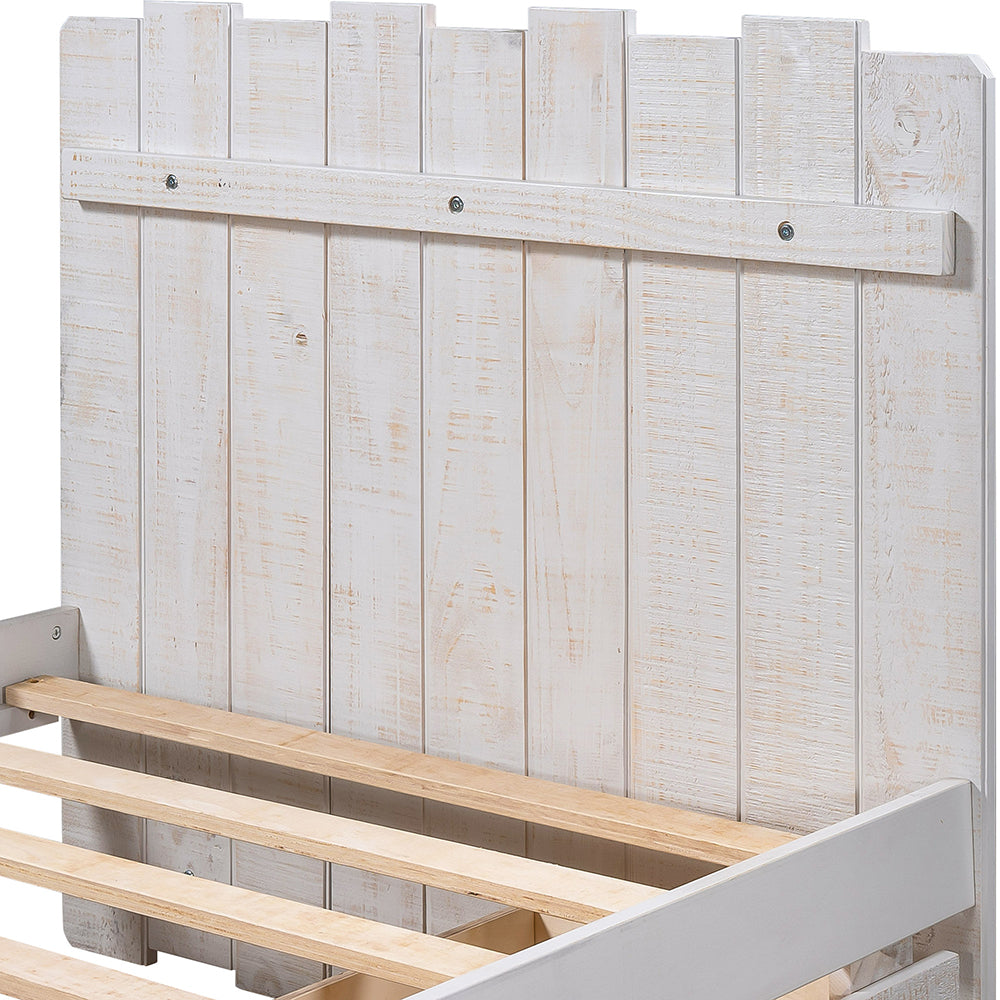 Twin Size Rustic Platform Bed with Drawers, White