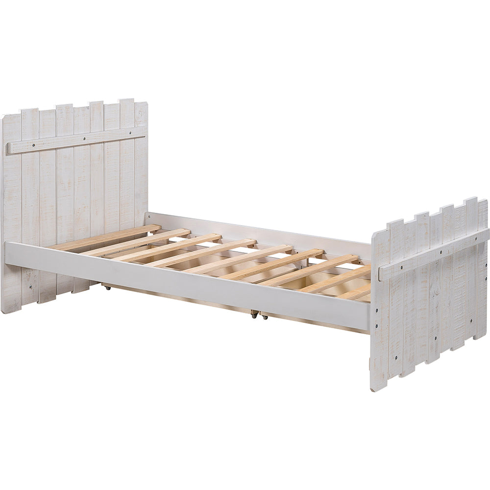 Twin Size Rustic Platform Bed with Drawers, White