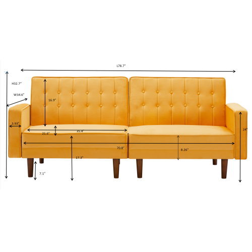 Velvet Square Loveseat Arm Sofa Bed, Yellow