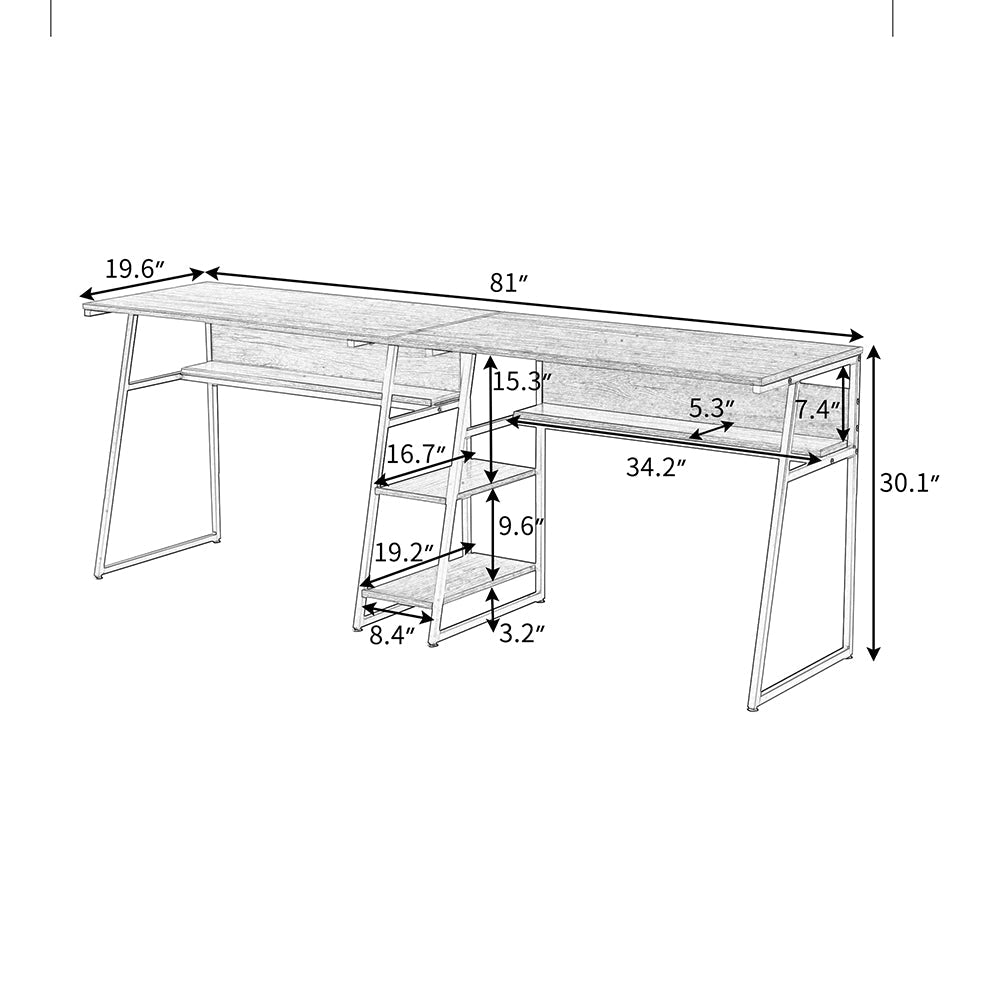 Two Person Desk with Open Bookshelf and Storage Shelf