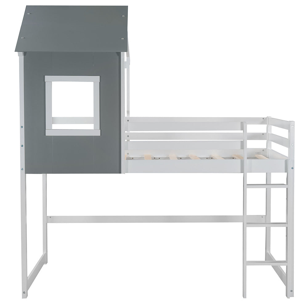 Twin Size Loft House Bed with Roof