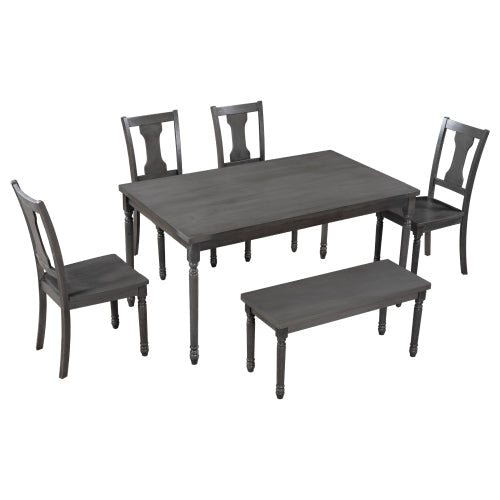 6pcs Dining Table and Chairs Set with Bench, Gray