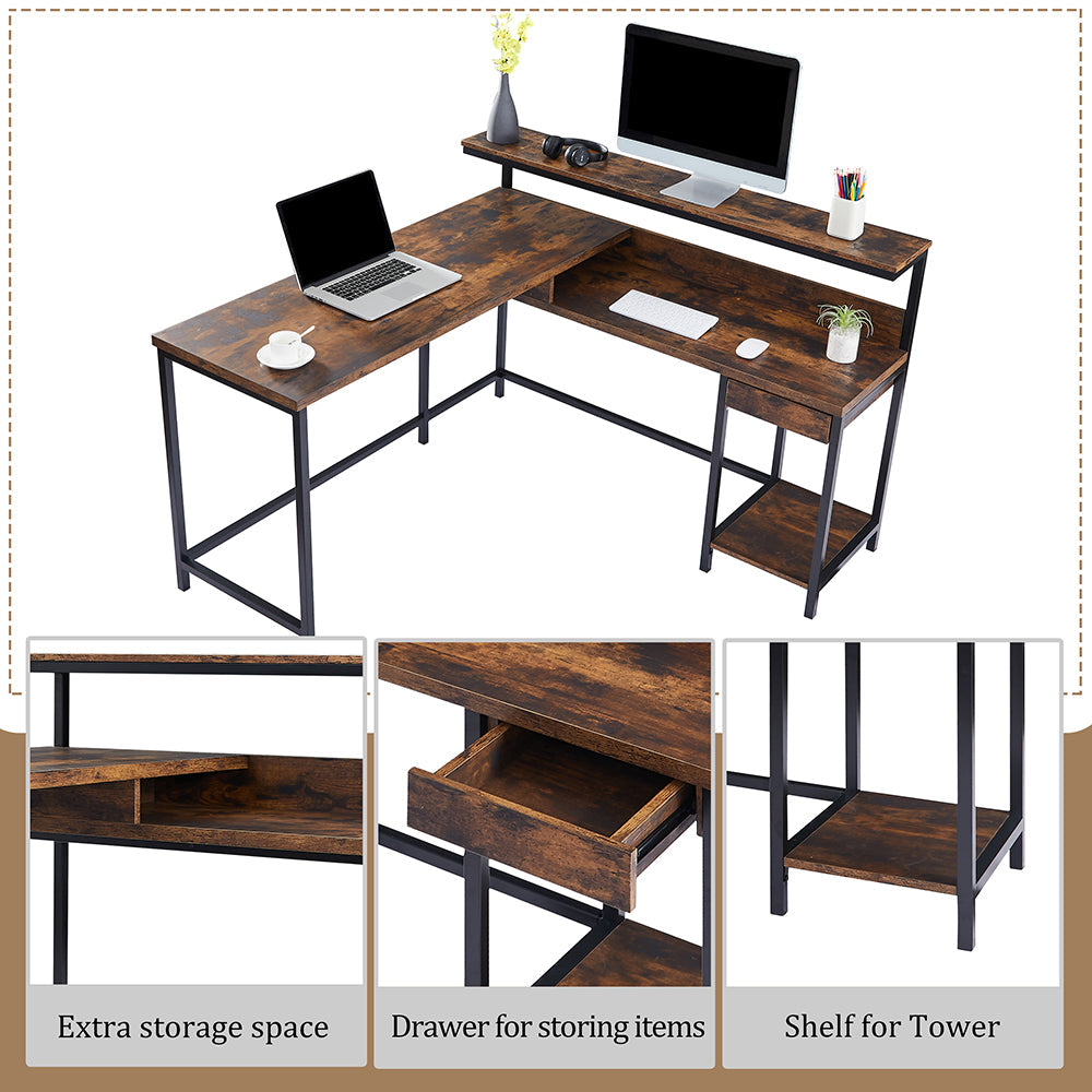 L-shaped Computer Desk with Monitor Shelf and CPU Stand