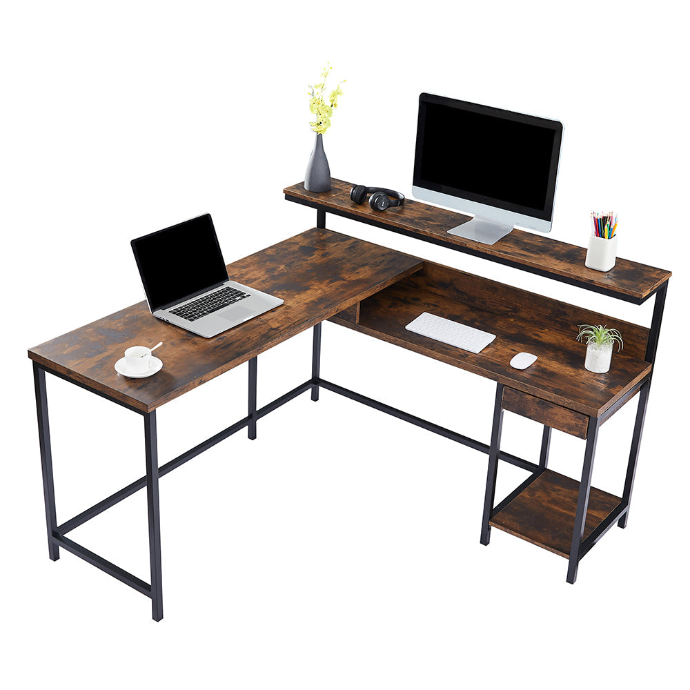 L-shaped Computer Desk with Monitor Shelf and CPU Stand