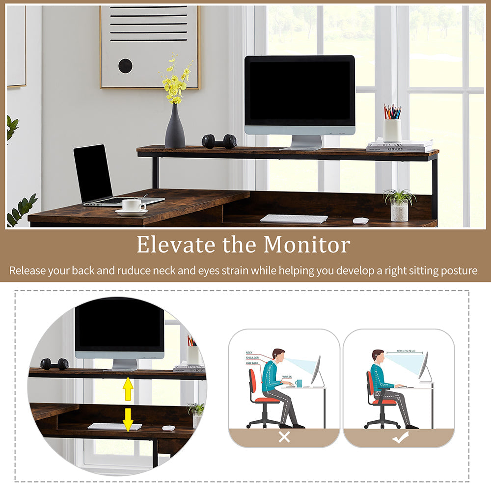 L-shaped Computer Desk with Monitor Shelf and CPU Stand