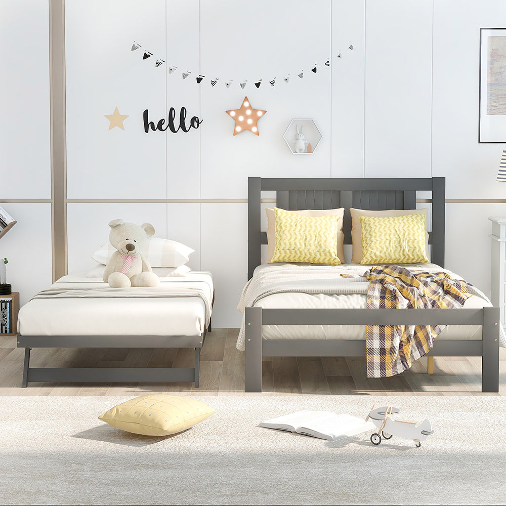 Full Size Platform Bed with Adjustable Trundle, Gray