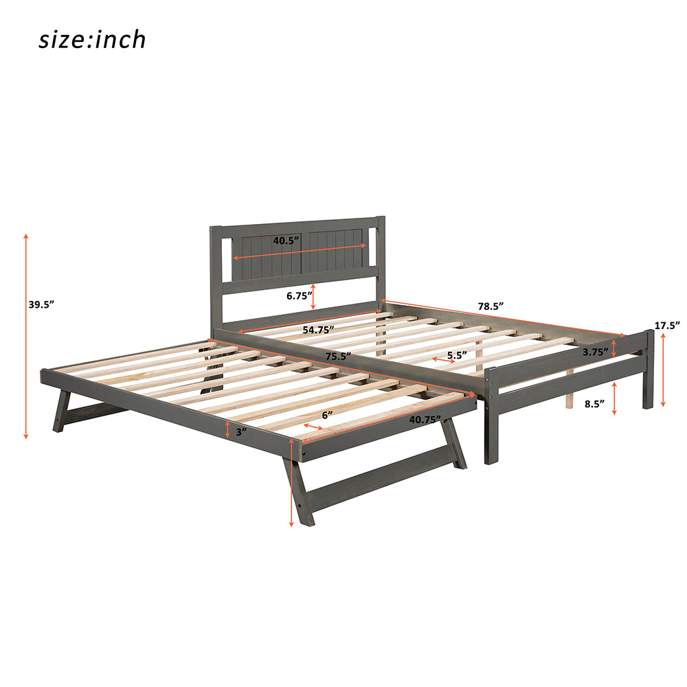 Full Size Platform Bed with Adjustable Trundle, Gray