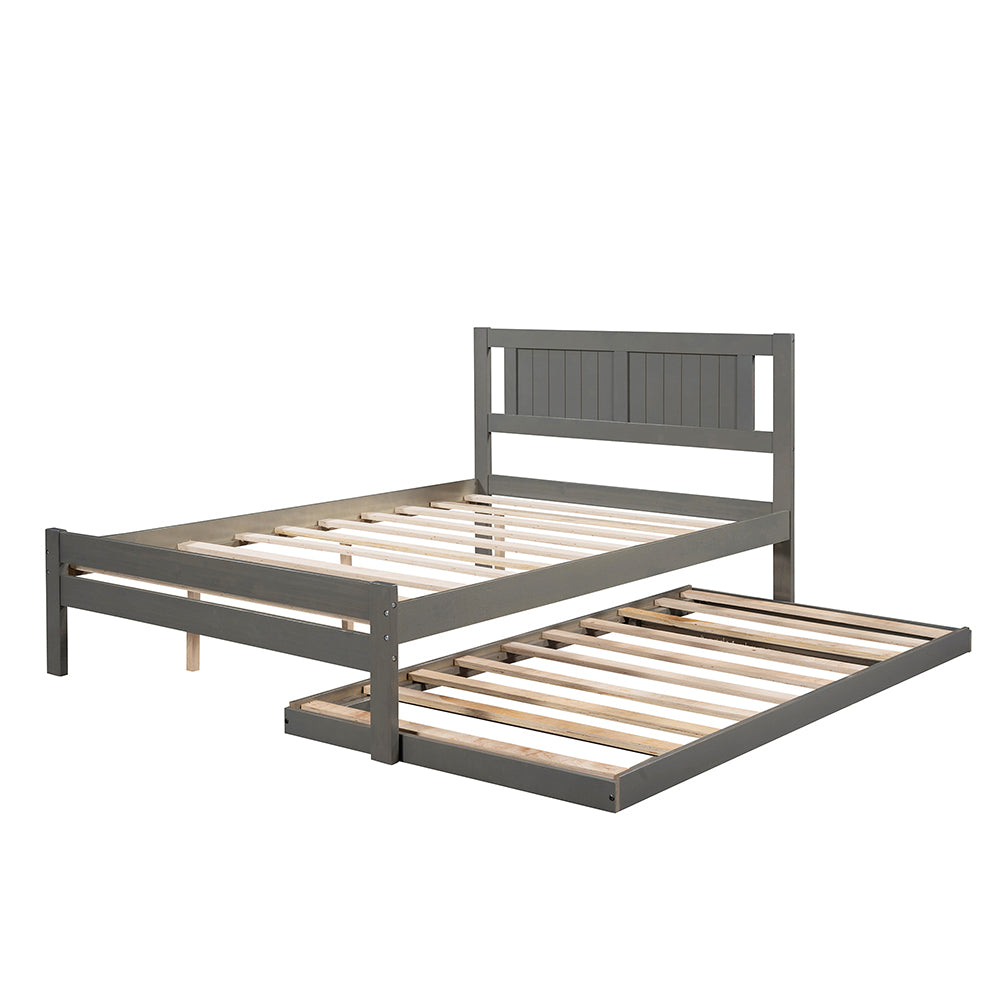 Full Size Platform Bed with Adjustable Trundle, Gray