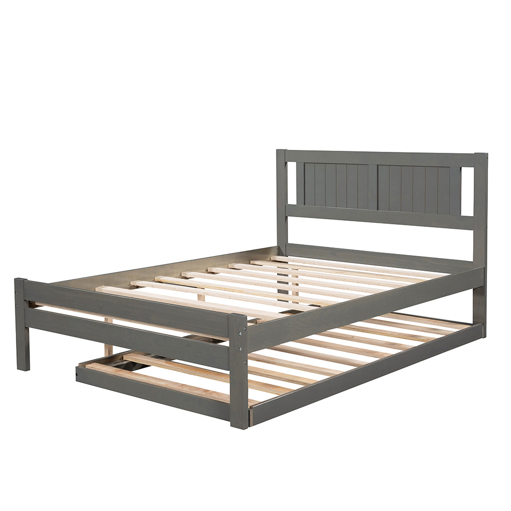 Full Size Platform Bed with Adjustable Trundle, Gray