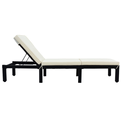 Adjustable Rattan Chaise Lounge Chair Sunbed, Beige Cushion