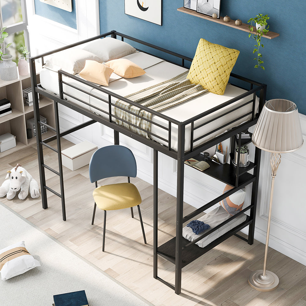 Twin Size Loft Metal Bed with Desk and Shelves