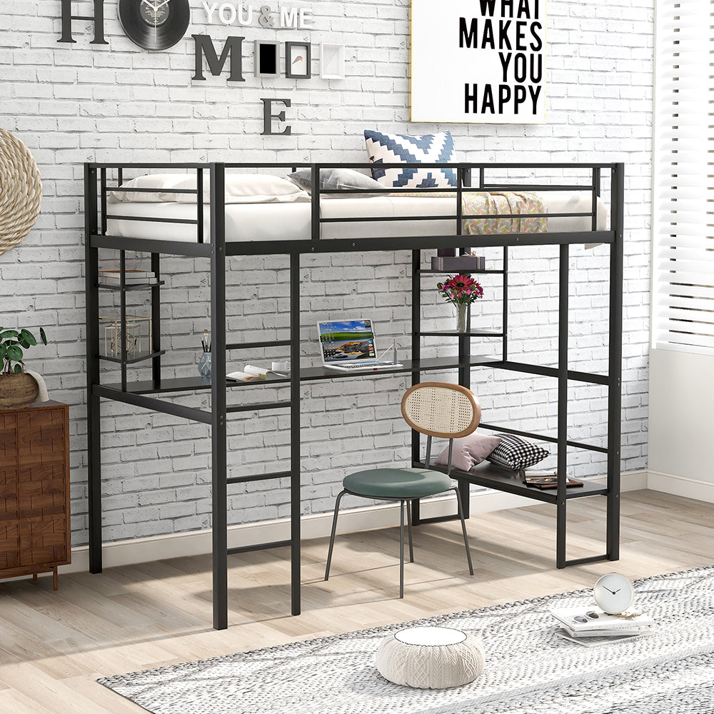 Twin Size Loft Metal Bed with Desk and Shelves