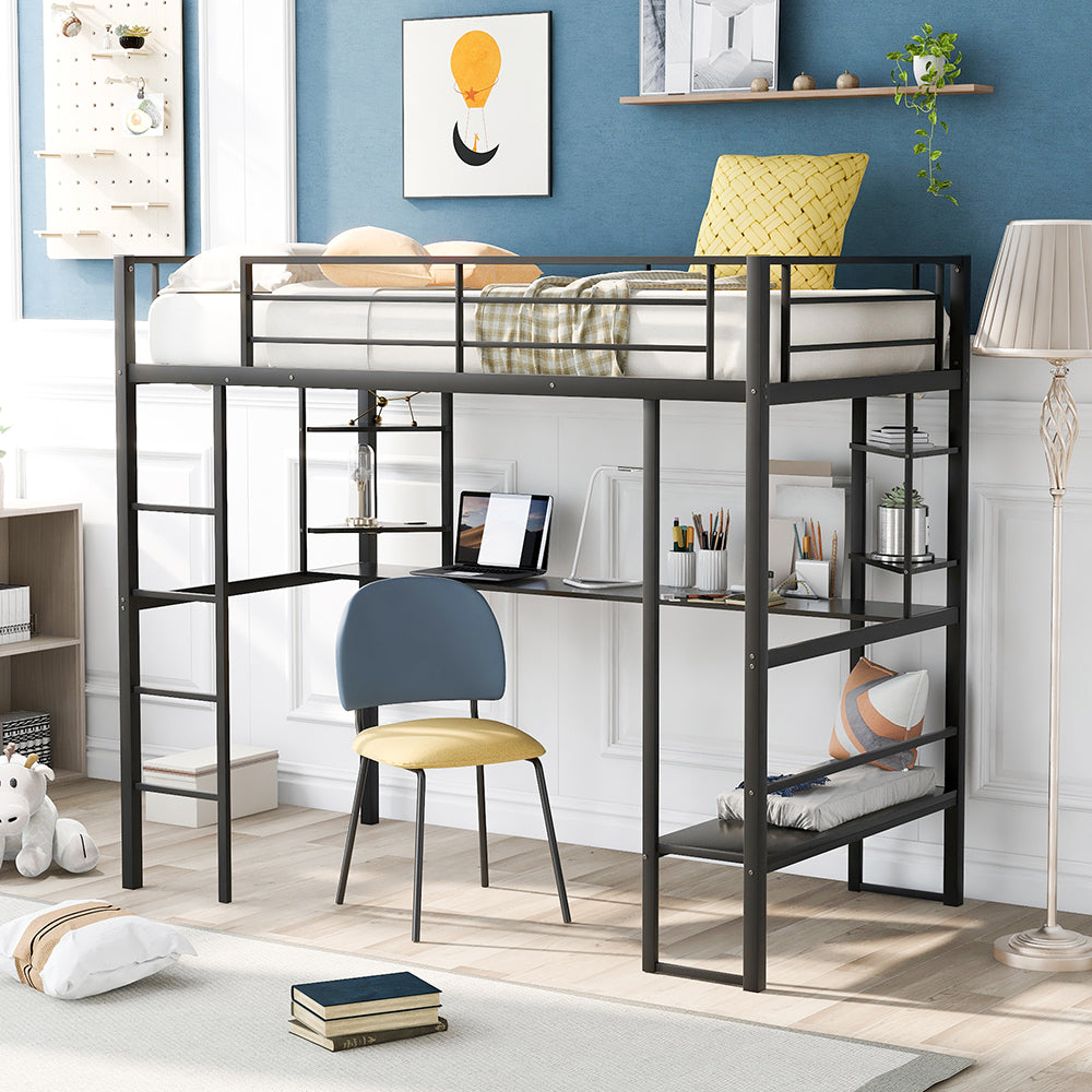 Twin Size Loft Metal Bed with Desk and Shelves