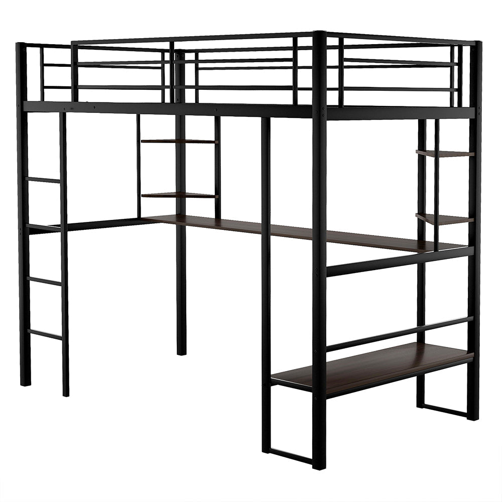 Twin Size Loft Metal Bed with Desk and Shelves