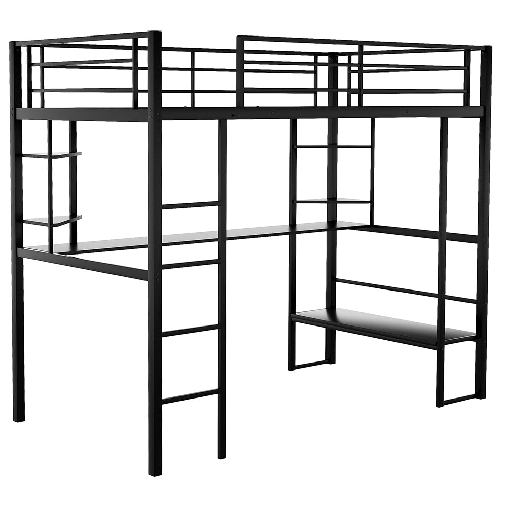 Twin Size Loft Metal Bed with Desk and Shelves