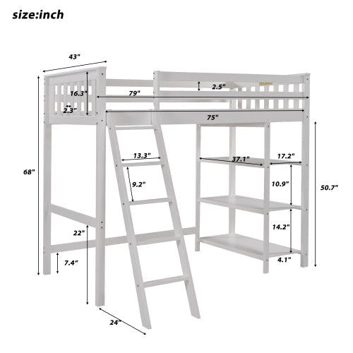 Pine Wooden Twin Loft Bunk Bed with Storage Shelves, White