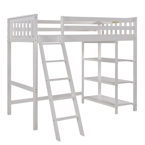 Pine Wooden Twin Loft Bunk Bed with Storage Shelves, White