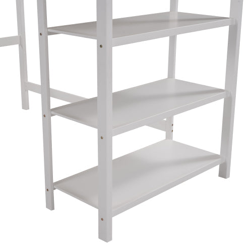 Pine Wooden Twin Loft Bunk Bed with Storage Shelves, White