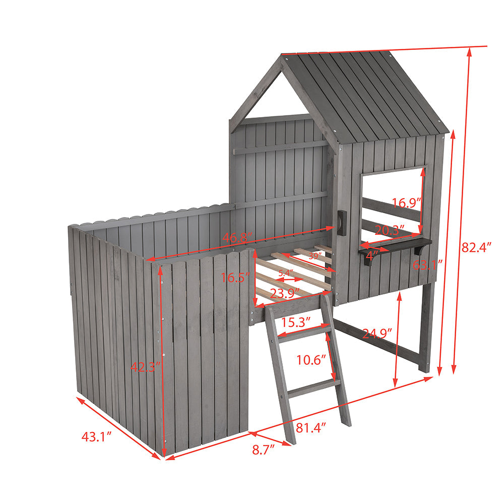 Twin size Loft House Bed with Roof