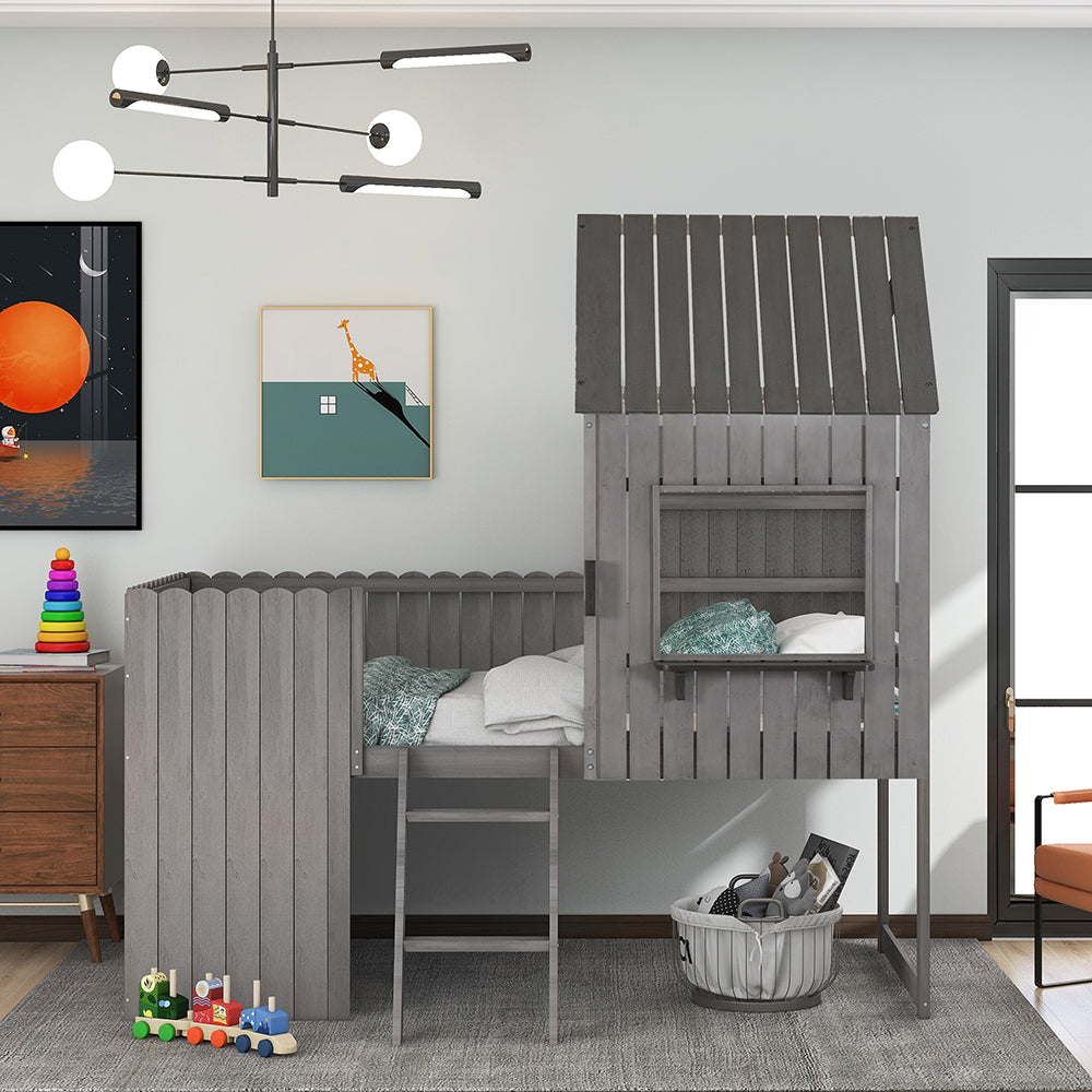 Twin size Loft House Bed with Roof