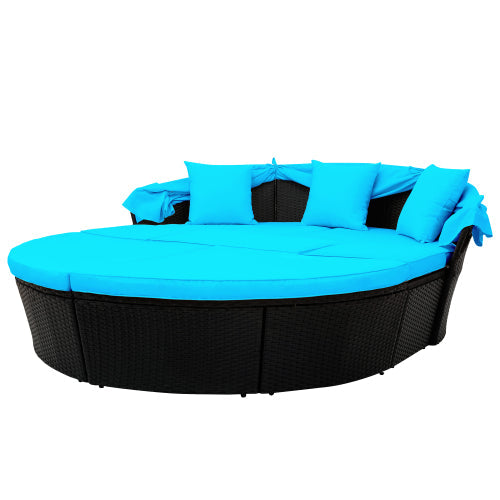 Rattan Daybed Set Sunbed with Retractable Canopy, Blue