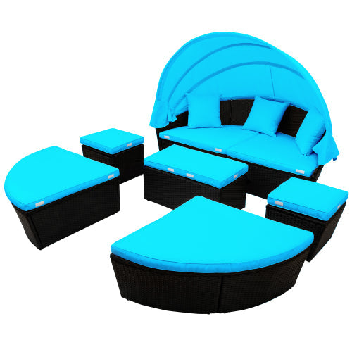 Rattan Daybed Set Sunbed with Retractable Canopy, Blue