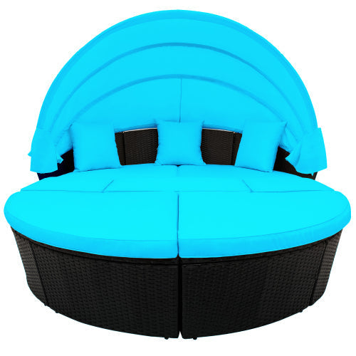 Rattan Daybed Set Sunbed with Retractable Canopy, Blue