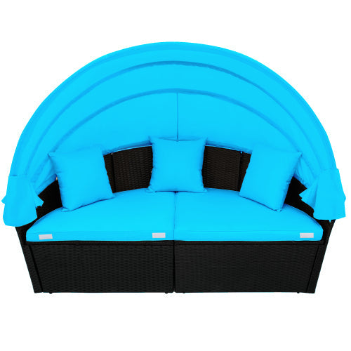 Rattan Daybed Set Sunbed with Retractable Canopy, Blue