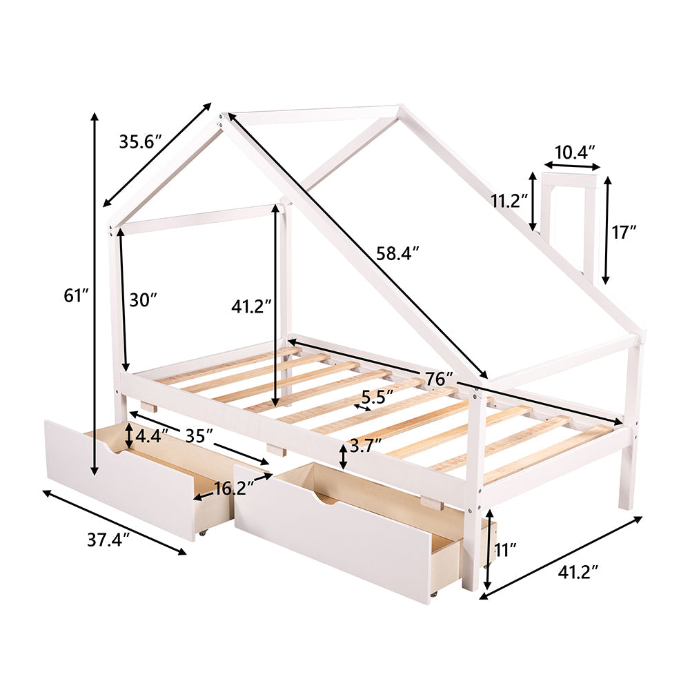 House Daybed Frame with Two Pull-out Drawers