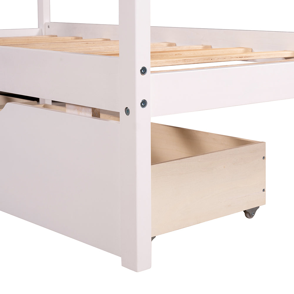 House Daybed Frame with Two Pull-out Drawers and Roof, White