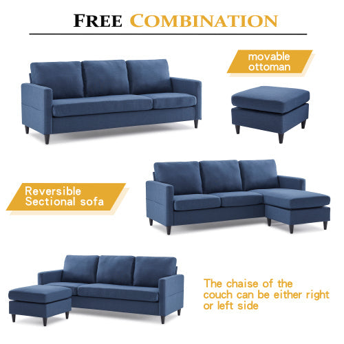 L-Shape 3-Seater Couch Reversible Sectional Sofa, Blue