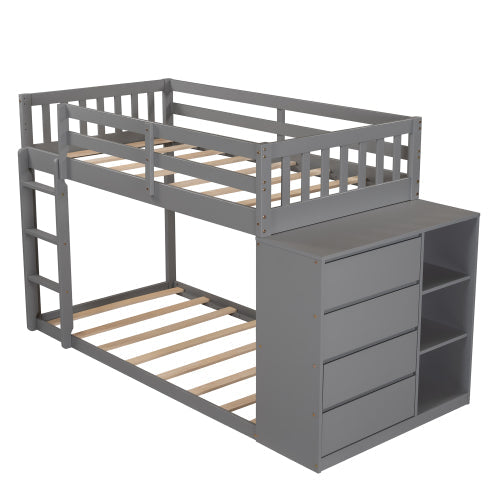 Twin over Twin Bunk Bed with Storage Cabinet, Gray