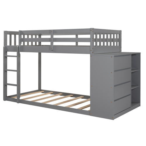 Twin over Twin Bunk Bed with Storage Cabinet, Gray