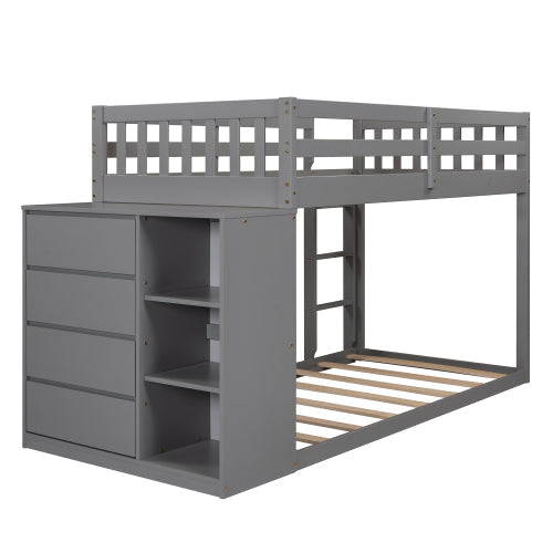 Twin over Twin Bunk Bed with Storage Cabinet, Gray