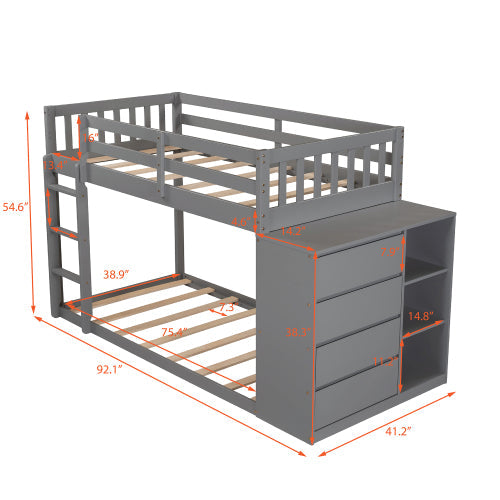 Twin over Twin Bunk Bed with Storage Cabinet, Gray