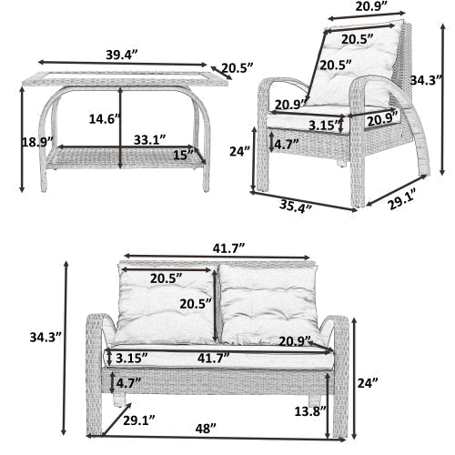 Patio 4pcs Sectional Rattan Sofa Set with Glass Tea Table