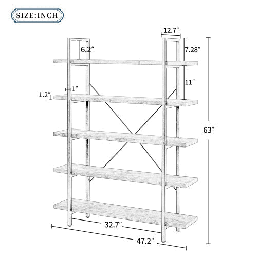 5-tier Bookcase with Rustic Wood and Metal Frame, Distressed Brown