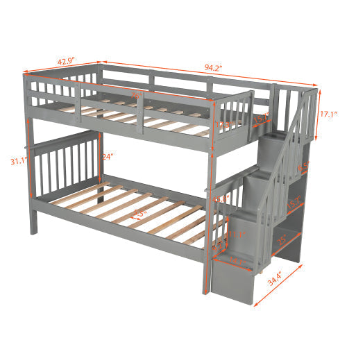 Stairway Twin-Over-Bunk Bed with Storage, Gray